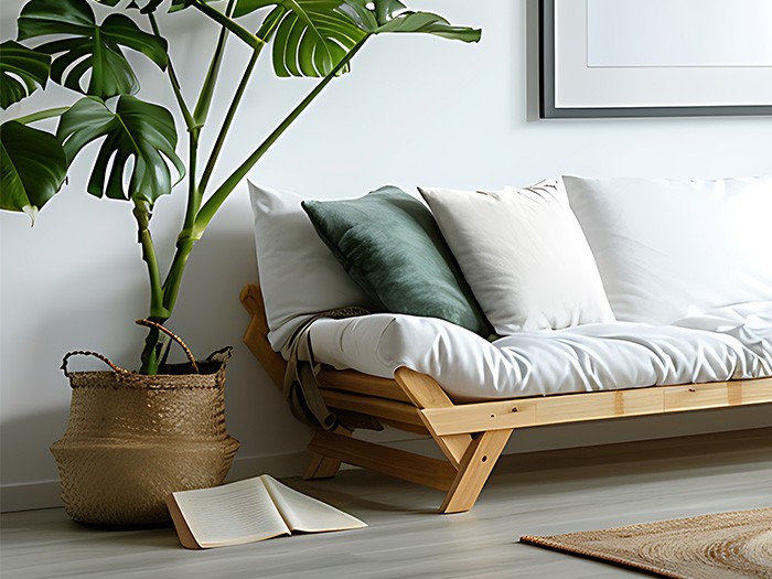 Woven jute basket next to a sofa.